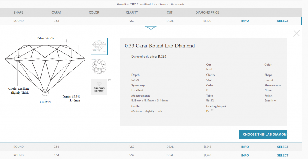 The diamond preview and grading information in Helzberg's ring builder