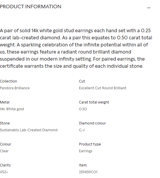 Diamond specifications in Pandora's product information