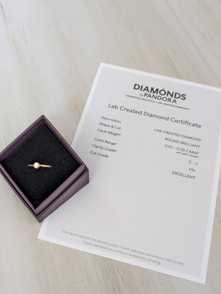 The small-stone certificate supplied with our Pandora purchase