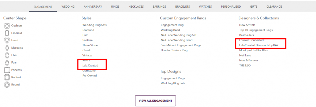 Lab-grown engagement-ring categories in the earlier Kay menu