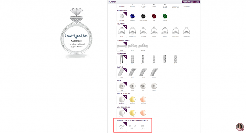 Customization options in Kay's earlier ring-shopping flow