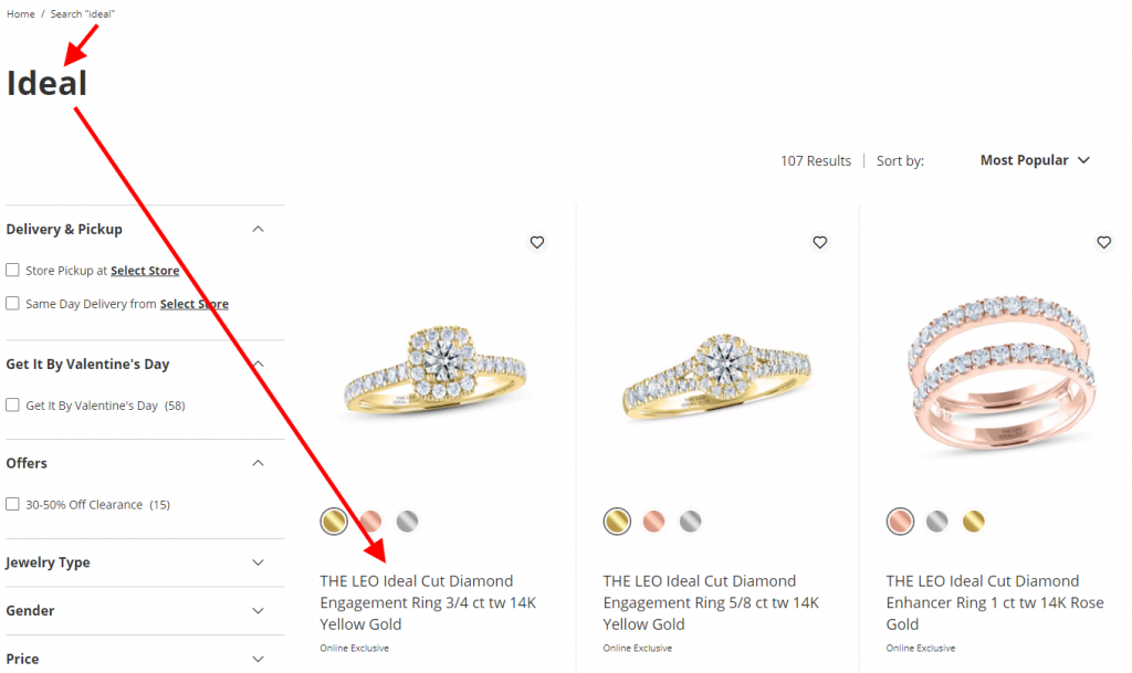our search for jewelry labeled Ideal cut