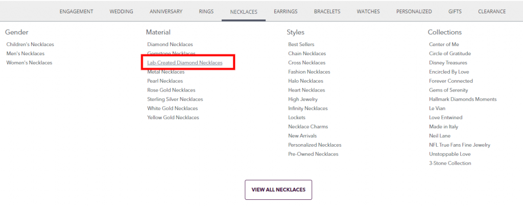 The earlier necklace menu at Kay