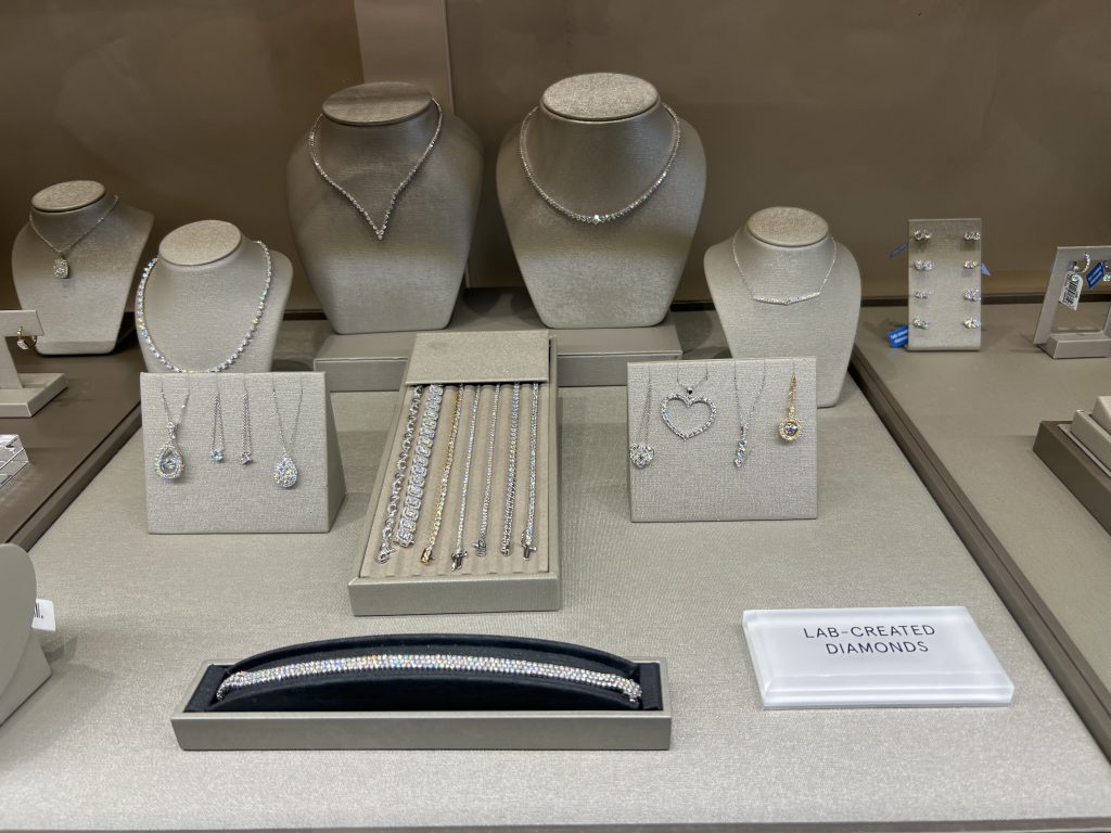 Lab-grown jewelry display photographed during our Kay store visits