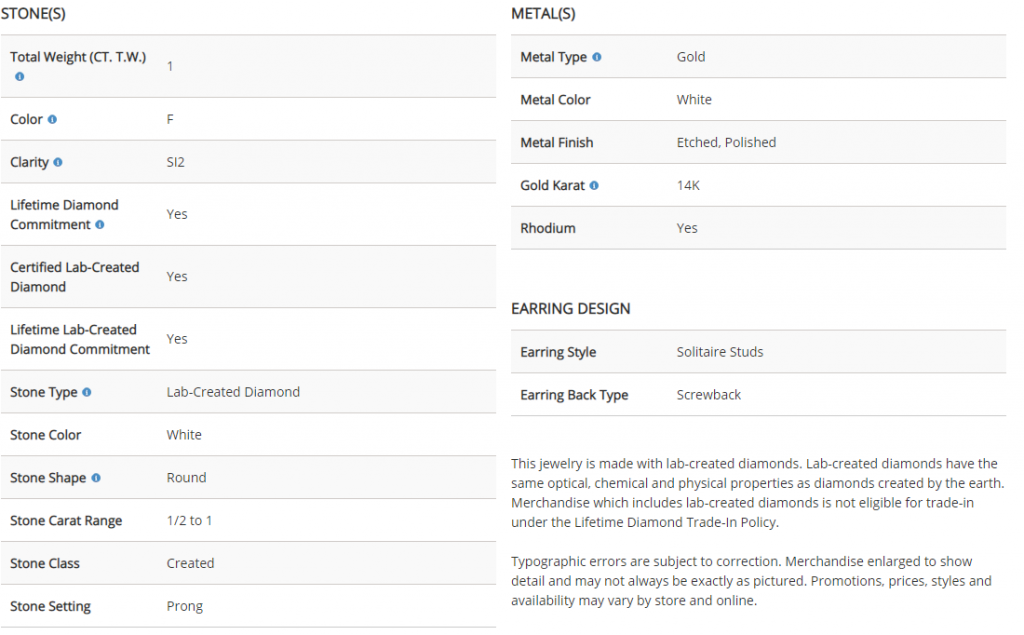 Diamond specifications from the Zales pieces we examined