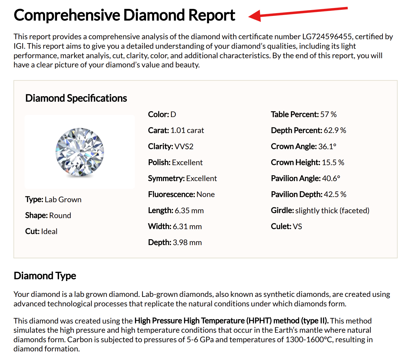 Ritani comprehensive diamond report with grading details and proportions