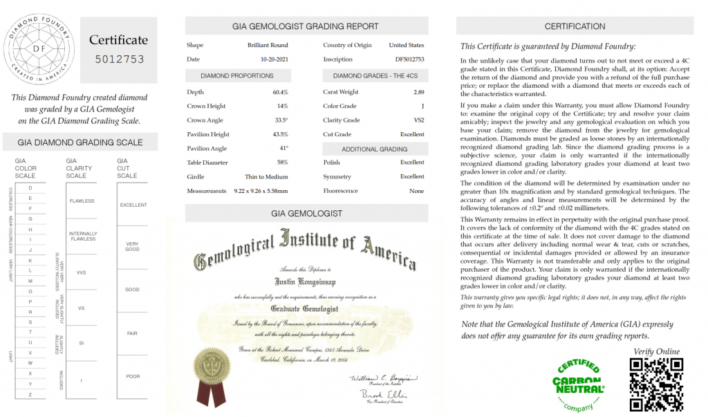 An earlier Diamond Foundry in-house diamond certificate
