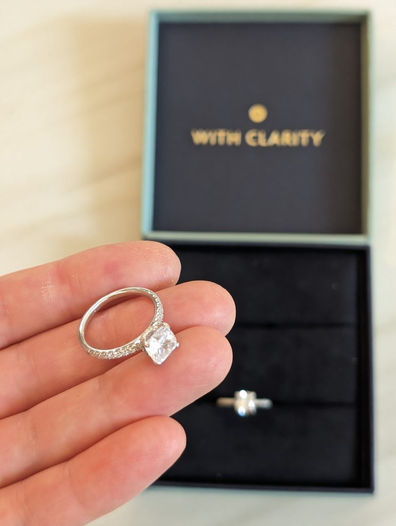 A closer look at one of our Home Preview replicas. One of the With Clarity replica engagement rings we tried