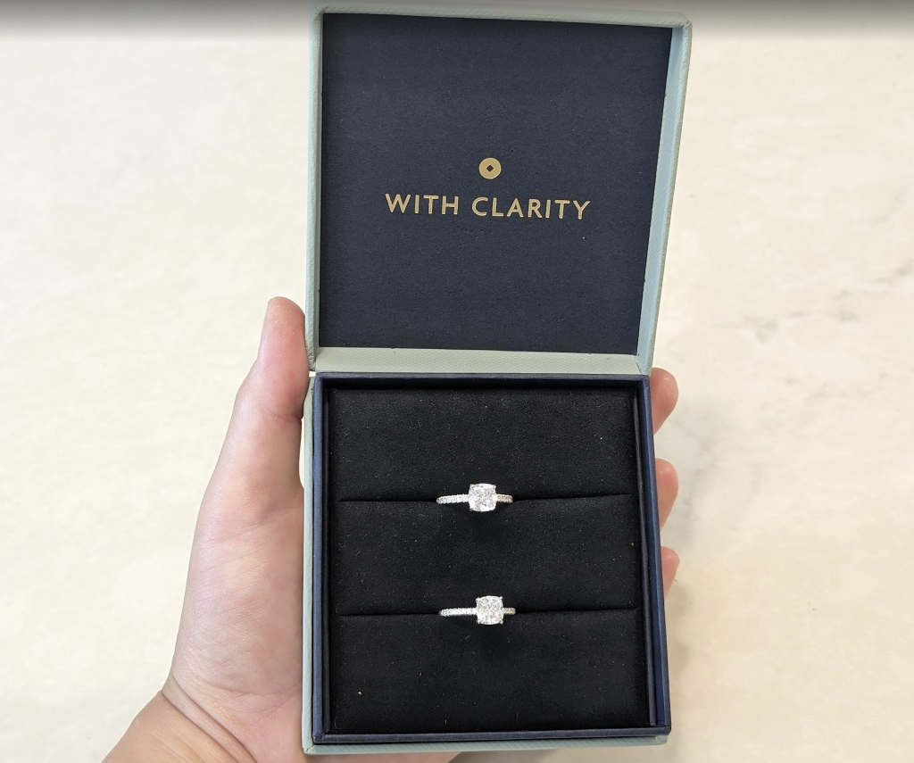 The two replica engagement rings from our With Clarity Home Preview test