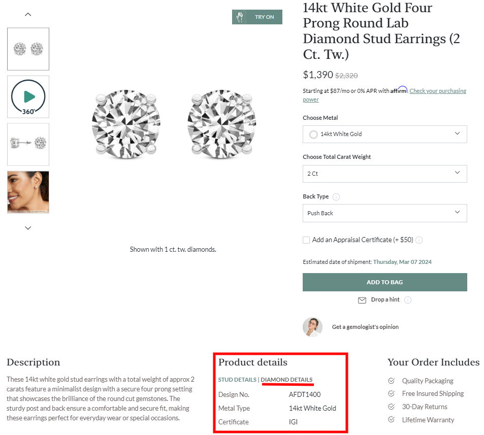 The product details link in our Friendly Diamonds review