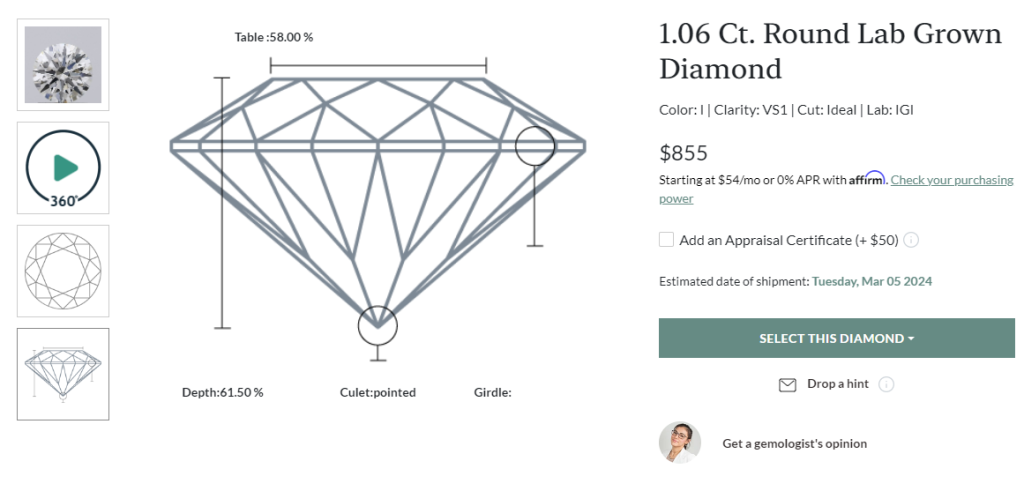 Measurements and inspection tools on a Friendly Diamonds listing