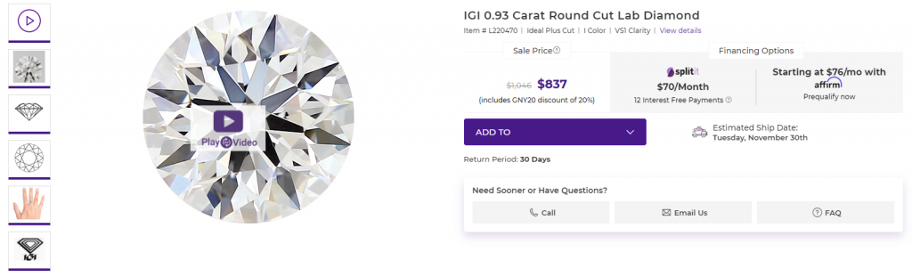 A diamond video on the GemsNY product page