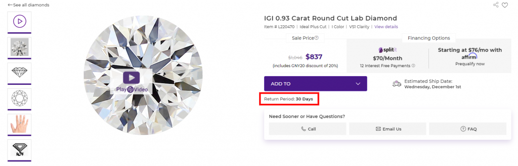 Earlier policy screenshot. A 30-day diamond return label in our earlier GemsNY research