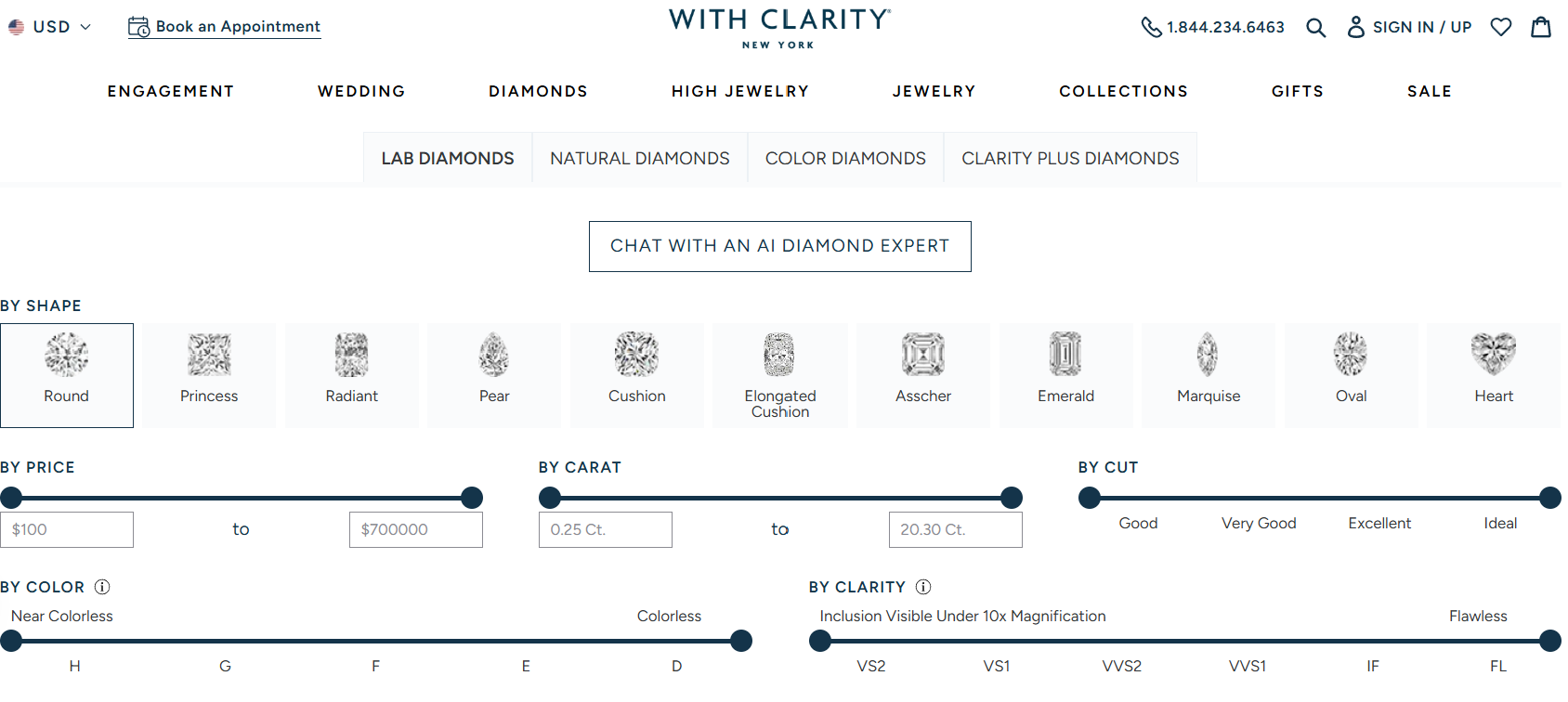 Filters for narrowing the With Clarity diamond inventory. With Clarity diamond search filters