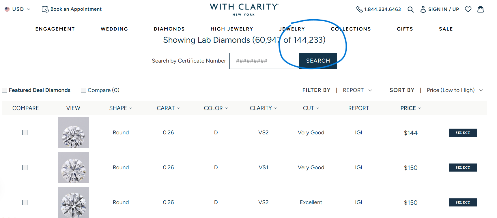 The With Clarity lab-grown diamond search and current inventory. With Clarity loose lab-grown diamond inventory