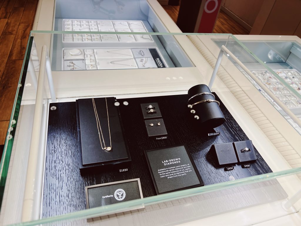 Diamond jewelry selection in the Pandora store.