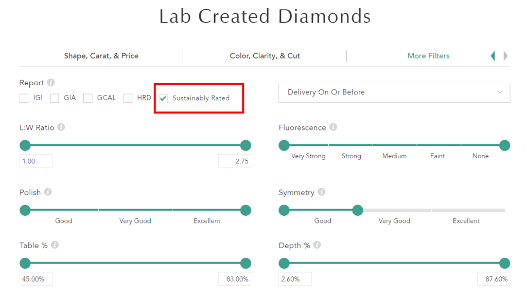 Brilliant Earth sells sustainable-rated lab-grown diamonds, which are not available at Jared Jewelry.