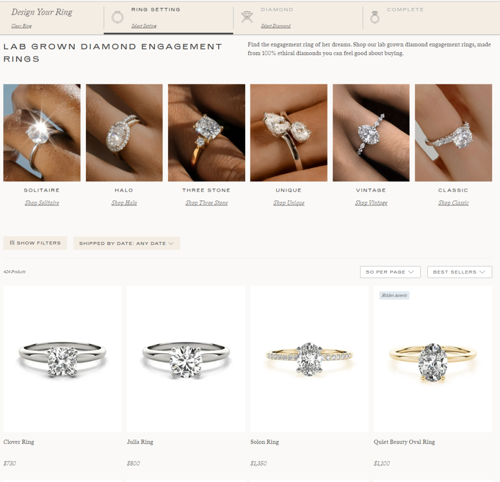 Diamond ring customization features.