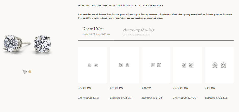 Prices for lab-grown diamond earrings.