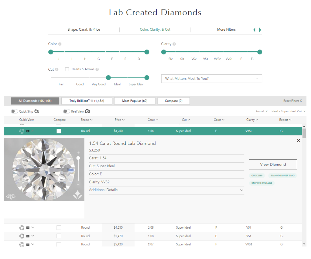 Brilliant Earth's diamond diamond inventory.