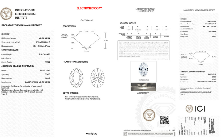 Oval cut lab diamond grading certificate example report.