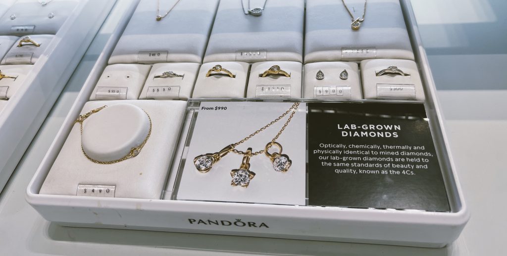 Diamond jewelry selection at the Pandora store.