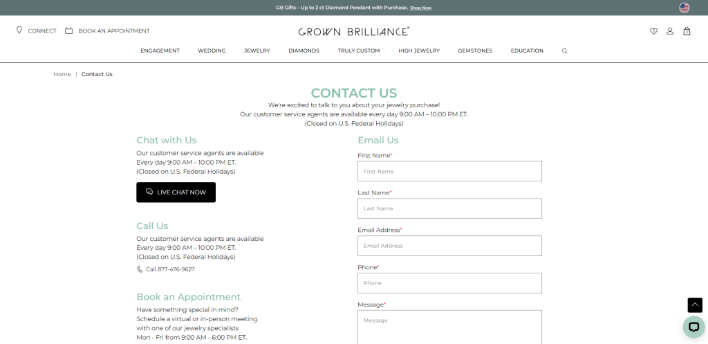 Grown Brilliance can be contacted through chat, email, phone, and in-person or virtual appointments.