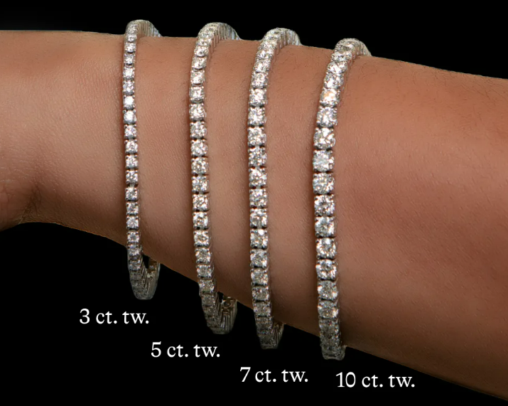 Compare the total carats of these lab-grown diamond tennis bracelets.