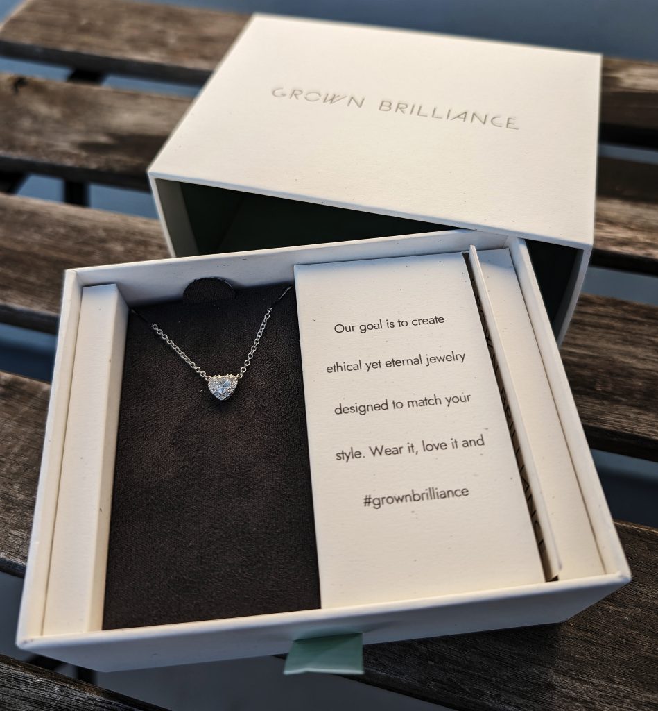 Heart-shaped diamond necklace from Grown Brilliance we reviewed.