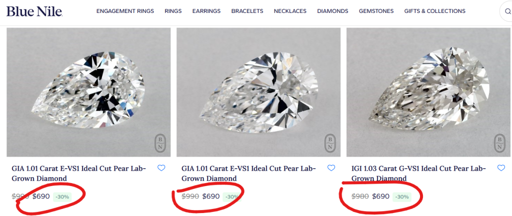 Lab-grown diamond fancy shapes prices at Blue Nile seen during our review.