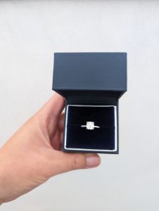1.85 carat cushion cut lab-grown diamond engagement ring from Blue Nile with presentation box