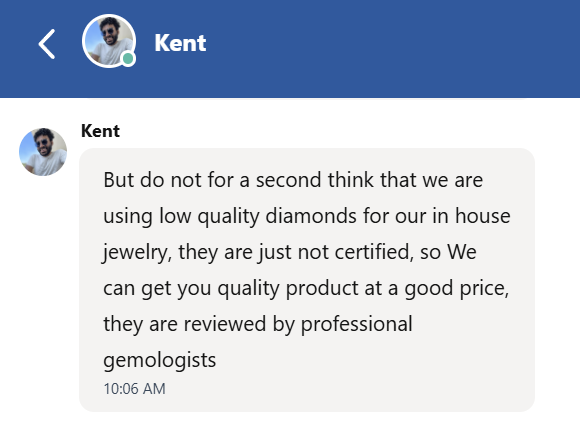 Live chat screenshot showing Brilliance.com customer service answering questions about diamond cut grade.