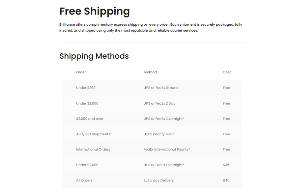 Brilliance.com has a confusing shipping policy. It's mostly free, but could be better.
