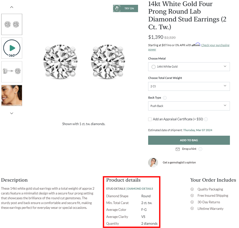 Diamond details when expanded on the product website at Friendly Diamonds.