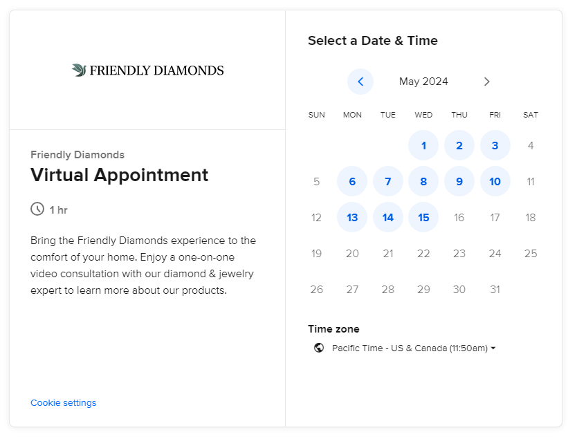 Booking virtual appointments at Friendly Diamonds.