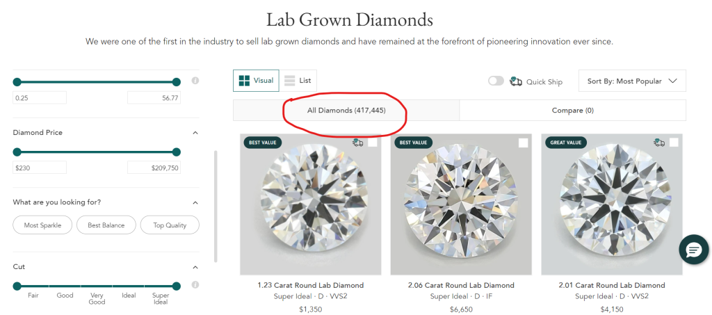 Brilliant Earth Lab Diamond Inventory.