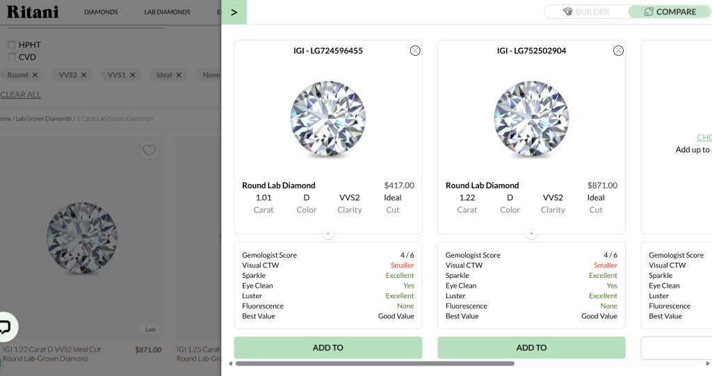 Ritani comparison of diamonds.