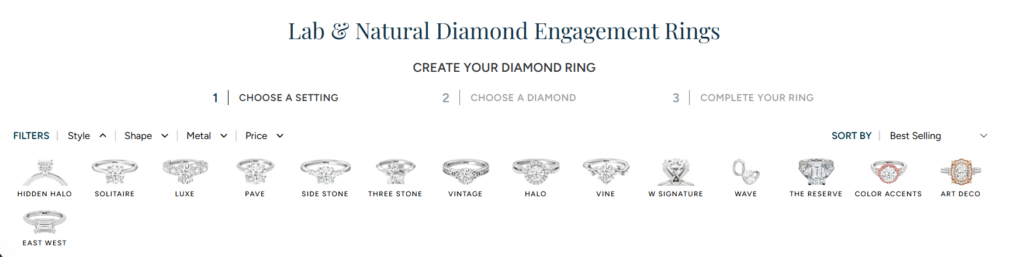 With Clarity create your diamond ring page showing setting selection and customization options.